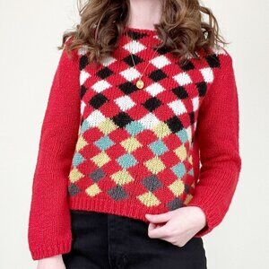 Vintage Hand Knit Harlequin Argyle Pattern Eclectic Handmade New Romantics Wool